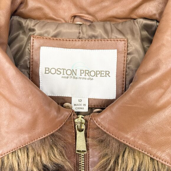 Boston Proper Leather Faux Fur Jacket Women Size 12 Brown Full Zip Festival Boho - Picture 5 of 9